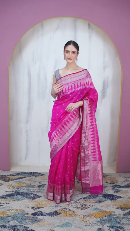 Persian-Rose Chanderi Silver Zari Silk Saree with Unstiched Blouse